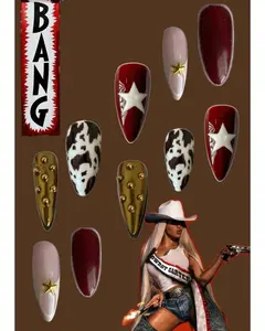 Red Western Cowgirl Star Press on Nail, Trendy Cow Print Nail Art with Star Charm