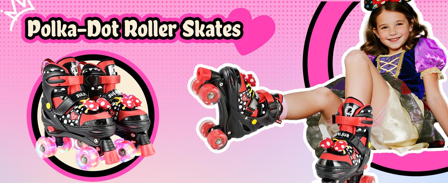 SULIFEEL Roller Skates for Girls Ages 3-12, 4 Sizes Adjustable Kids Quad Skates with Light up Wheels-Birthday Gift for Indoor Outdoor Sports
