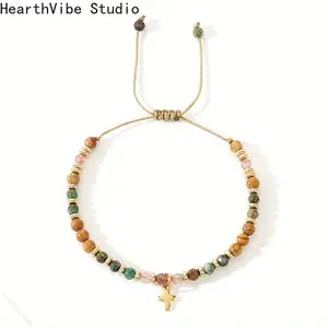 HearthVibe Studio Unisex Sports Wristband - Adjustable Beaded Design, Natural Stone, Boho Tribal Cross Pendant, Boho Jewelry, Beaded Bracelets, Spring Summer Gift for Beading Enthusiasts