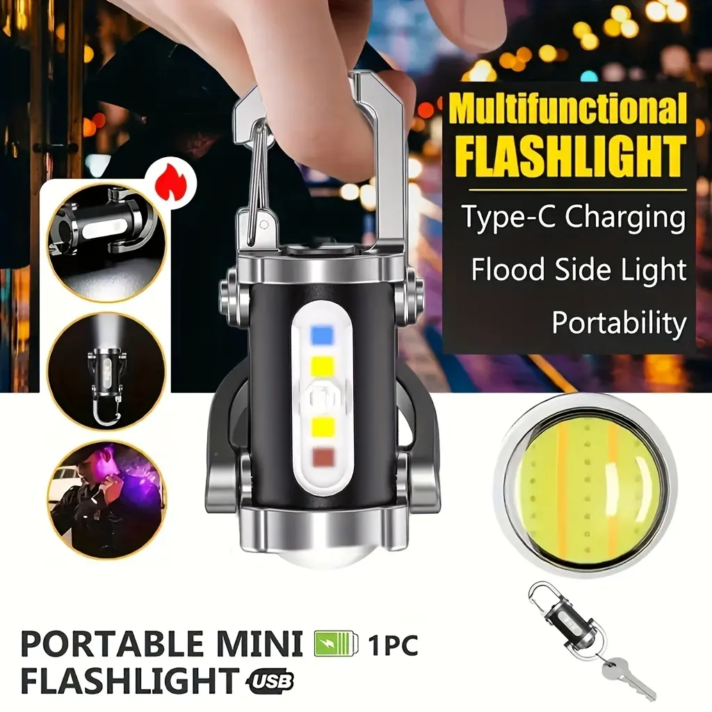 1PCS Rechargeable LED Keychain Flashlight - Mini Keychain Job Site Lighting, Portable Rechargeable Tiny Job Site Lighting, Tiny Size, Easy to Pocket, Strong Brightness, EDC Accessory with Phone Charger Function