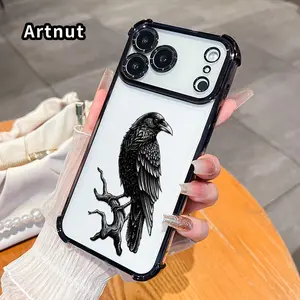 Raven on Twig Pattern Phone Case for iPhone 17 16 Pro Max 15 Plus 14 13 12 11 E Air Electroplated Cover with Airbag Shockproof Soft Silicone Casing