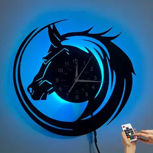Horse-Themed LED Vinyl Wall Clock with Purple & Blue Lights, Modern Wall Art Decor for Living Room Bedroom Office, Unique Gift for Horse Lovers, Battery Not Included