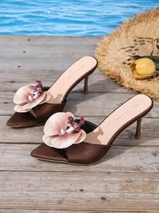 Summer New Gentle Orchid Flower Pointed Toe Low Heel Mules Sandals, Elegant Party Dating Outdoor High Heels for Women