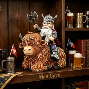 Viking Riding Highland Cow Garden Statue, Funny Resin Outdoor Decor, Unique Lawn Ornament Gift for Men