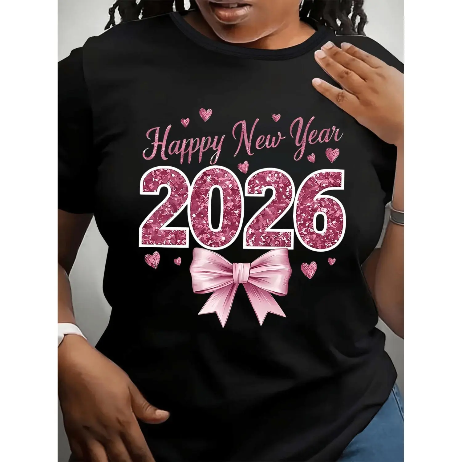 Chic Plus Size Women Oversized Glittery Pink New Year T Shirt with Hearts Bows Sparkling Party Casual Round Neck Top