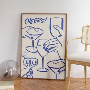Blue and White Aesthetic Poster – French Eclectic Kitchen Wall Art, Hand-Drawn Blue Cheers Print for Wine Bar or Apartment Decor, Unframed