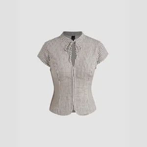 Cider Linen-blend Stand Collar Stripe Cut Out Knotted Blouse