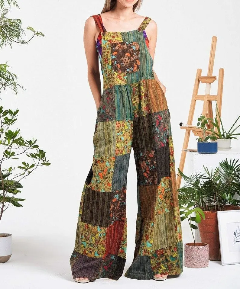 100% Cotton Mushroom Print Unique One of a Kind Patchwork Unisex Overalls