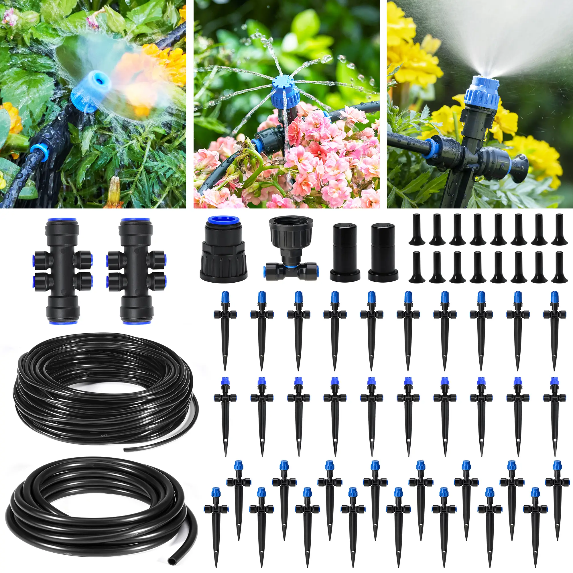 HIRALIY 210FT Drip Irrigation System, Quick Connector Garden Watering Automatic Sprinkler Kit for Lawn Raised Bed Greenhouse Mist System with 3 Kinds
