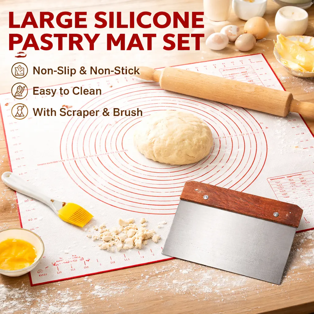 27.5"x20" Silicone Pastry Mat with Measurements - Heat-Resistant, BPA-Free, Non-Slip Bakeware Bundle with Pastry Brush & Dough Scraper (Mid-Year Sale Restock Deal)