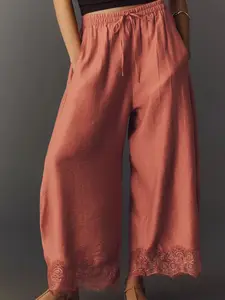 Women's Long Pants, Casual, Lace Patchwork, Asymmetrical Hem, Pocket Elastic Waist, Printed Nine-Inch Pants, Summer Loose Wide Leg Pants