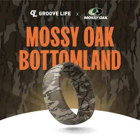 Groove Life Mossy Oak Bottomland Camo Silicone Wedding Ring for Men, Breathable Comfortable Fit Flexible Mens Rubber Ring, Camouflage Design Pattern, Safe Breakaway Design Built for Outdoors, Work, Gym, & Everyday