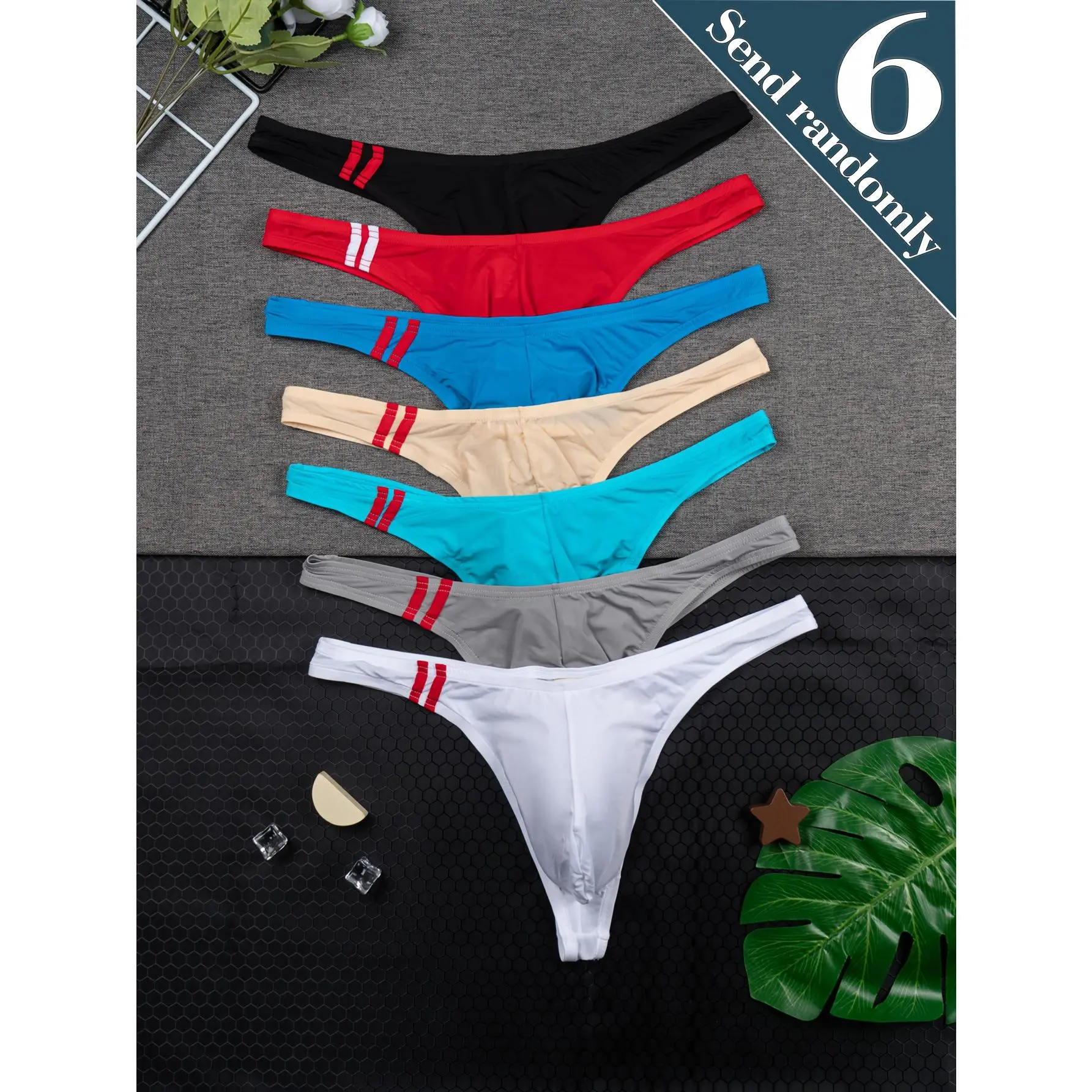 Men's Striped Thong Panty 6-Pack - Soft Seamless Stretch Knit Underwear, Breathable No-Show Fit for All-Day Comfort