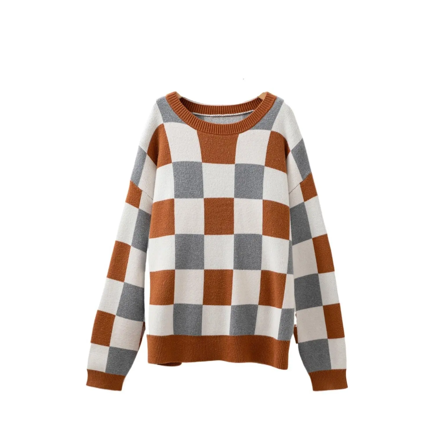 Women's Plus Size Brown Checkered Long Sleeve Crewneck Sweater - Chic, Comfortable Fabric, Casual Essential
