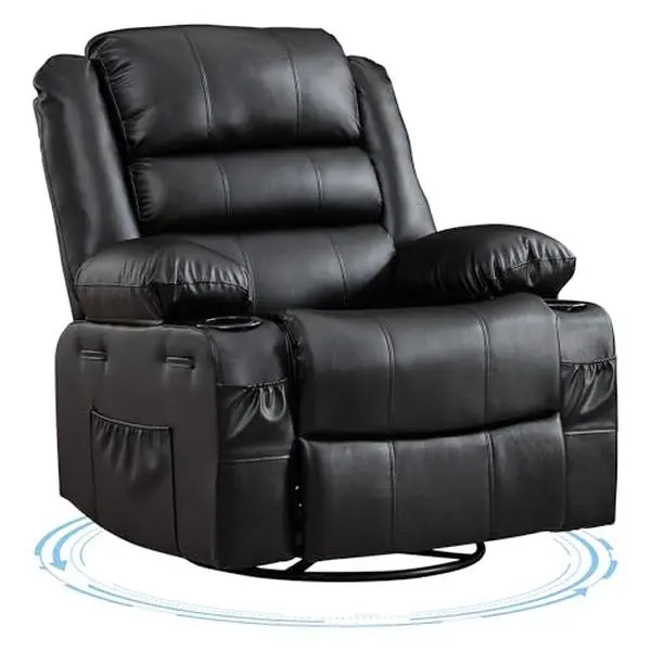 Recliner Chair for Adults Manual Swivel Recliner Rocker with Cup Holders Leather Upholstered Comfy Single Sofa Chair for Living Room Bedroom Nursery