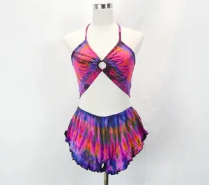 Spandex tie dye halter top & shorts set, yoga top, yoga shorts, rave outfits