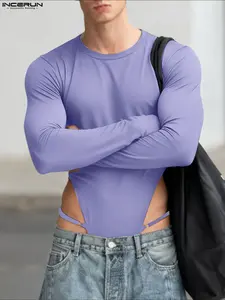 INCERUN Men's Fashion Sexy Solid Color Round Neck Long Sleeve Triangle Jumpsuit, Perfect for Party, Stylish All-Season Wear