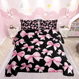 Pink Bow Comforter Set All Season Cute Bowknot Bedding Set s Kawaii Black Pink Kids Bedclothes Princess Decor Bedroom Decor Duvet Quilt Breathable Soft Lightweight
