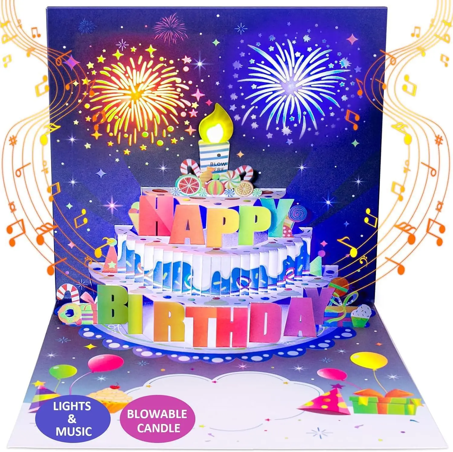 Blowable Fireworks Birthday Card – 3D Pop-Up Cake with Lights and Music – “Happy Birthday” Card, a Gift for Mom, Women, Men, Kids, Dad, or Wife