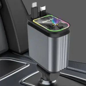 4 in 1 Car Charger, Retractable Car Charger with Digital Display, Multifunctional Car Charger with 2 Fast Charging Cables, Car Accessories