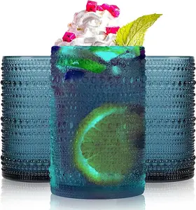 AWWAOOAWW Highball Hobnail Drinking Glasses Set of 12,14 oz Vintage Glasses Drinking set,Glassware Set for Beer, Whiskey, Juice, Cocktail, Milk，Dishwasher Safe，Gift box packaging（Dark blue）