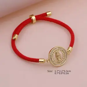 Brazalete de Cordones Rojo con Medalla de Virgen de Guadalupe - Red Cord with Gold-Tone Buckle, Size 1.7" x 2.0" x 0.3cm