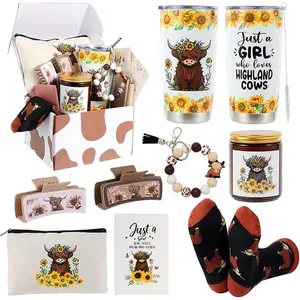 Highland Cow Gifts: Cow Themed Stuff for Lovers - Tumbler Mug, Makeup Bag, Hair Claw Clips, Keychain, Socks, Candle, Card for Birthday & Christmas