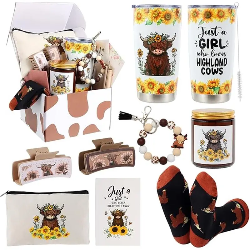 Adult Highland Cow 8-Piece Party Favors Set - Home Supplies Kit with 20 oz Reusable Tumbler Mug, Pure Cotton Socks, Leather Makeup Bag, Hair Claw Clips, Keychain, Candle, Card - Elegant Daily Gifts for Birthdays, Christmas