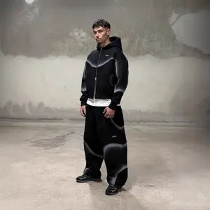 Vintage Gradient Hooded Cardigan Sweatshirt Unisex Loose Comfortable High Street Design Jacket Pants