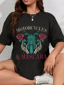 100% Cotton Motorbike Riding Women Motorcycles And Mascara Roses Biker T-Shirt