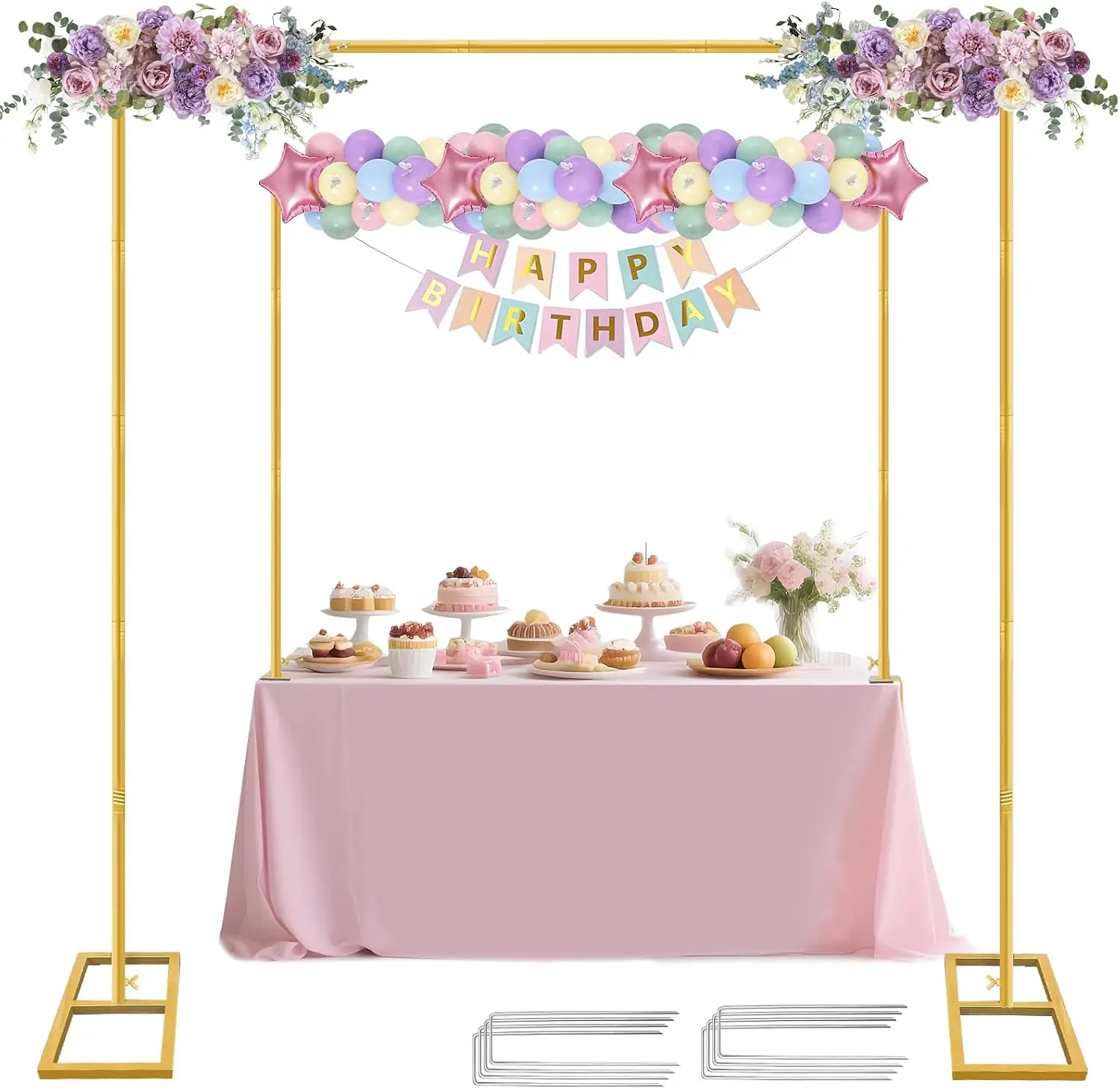 Square Metal Backdrop Stand, Adjustable Gold Over The Table Rod Stand with Clamps, Heavy Duty Arch Frame for Wedding Birthday Baby Shower Party Decor