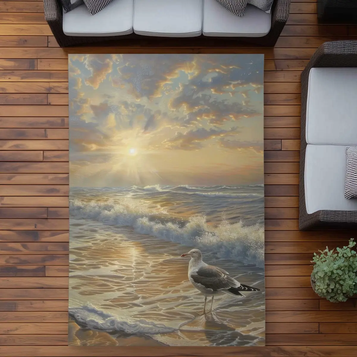 212 MAIN 5x7 ft. White Coastal Outdoor Rectangle Area Rug, Seagull Beach Scene Design, for Home Decor Needs