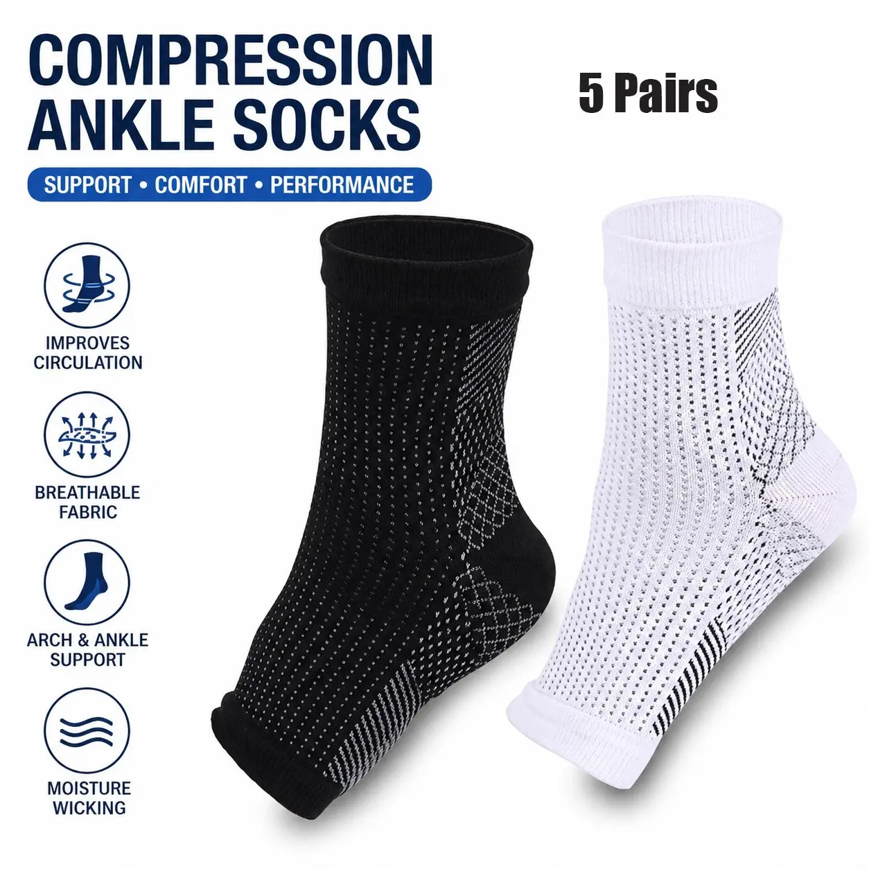 5 Pairs Plantar Fasciitis Socks for Men & Women, Ankle Brace Compression Socks with Compression Technology, Arch Support, Heel Pain Relief, Swelling Reduction, Circulation, Moisture Wicking, Breathable Fabric, Compression Fit, Performance, Large