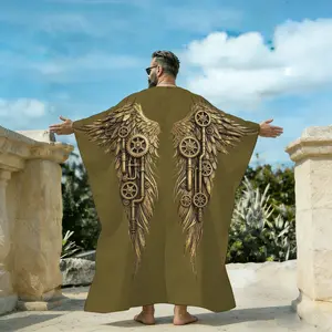 Men's V-Neck Pullover Loose Caftan Long Robe, Gold Mechanical Wings Print Steampunk Graphic Beach Cover Up, Breathable Short Sleeve Resort Lounge Sleep Shirt