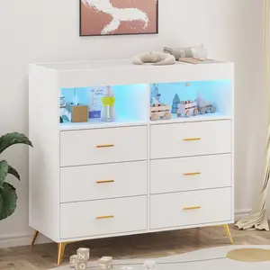 Bedroom Dresser with LED Lights and Power Outlet, Baby Changing Table Dresser with 6 Drawers, 2 Open Storage Shelves, Baby Diaper Changing Station Dresser, Pink/White