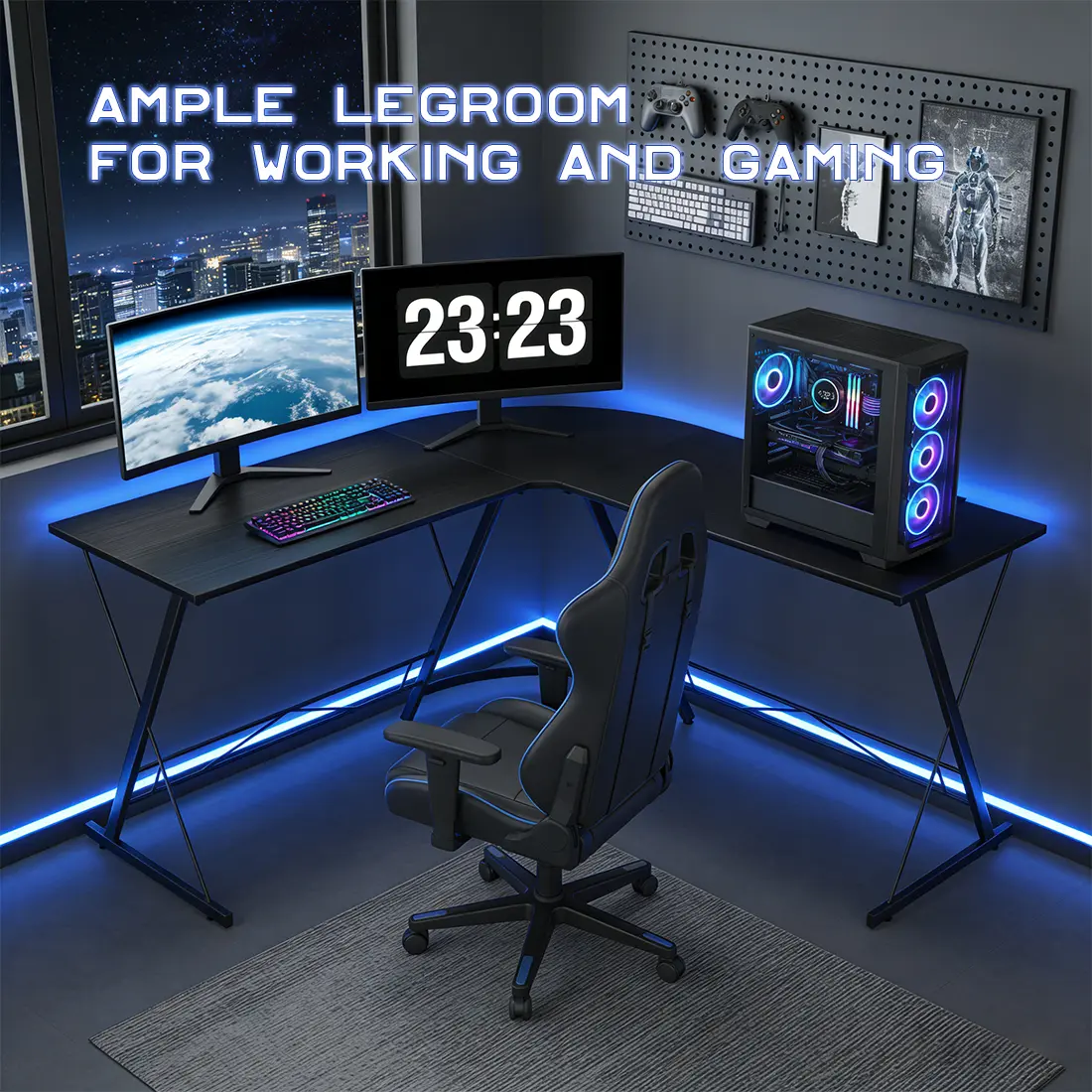 L-Shaped Gaming Desk, 51 Inch Corner Computer Desk with Monitor Stand, Carbon Fiber Surface Gaming Workstation for Home Office, Large Gaming Table with X-Shaped Legs & Adjustable Feet
