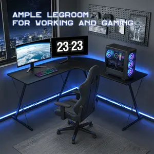 L-Shaped Gaming Desk, 51 Inch Corner Computer Desk with Monitor Stand, Carbon Fiber Surface Gaming Workstation for Home Office, Large Gaming Table with X-Shaped Legs & Adjustable Feet