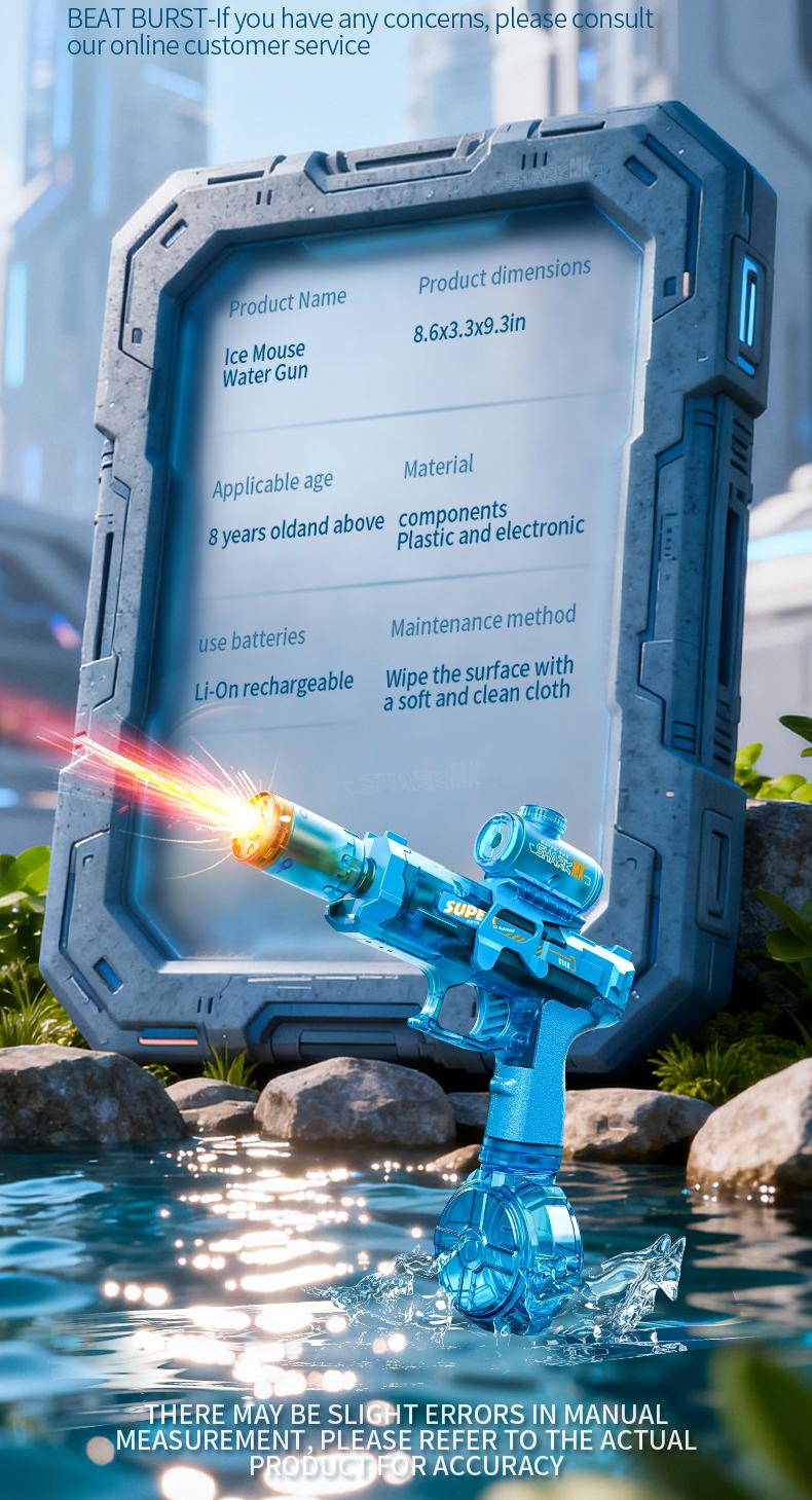 LED Light-Up Tactical Water Gun, Powerful Automatic Electric Squirt Blaster with Luminous Flame Effect, 32+ FT Long Range Battery Powered Toy for Summer Battles