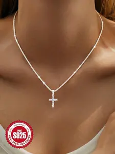 S925 Sterling Silver Fashion Cross Pendant Necklace for Women & Girls, Simple Fashion Jewelry for Party, Daily Decor, Trendy All-match & Exquisite Jewelry for Birthday Gift