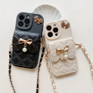 Diamond Check Bow Phone Case for iPhone 15Promax/14plus with Lanyard Crossbody 12pro/13promax All-Inclusive 12mini/13mini Soft Case 11 Protective Case with Coin Bag