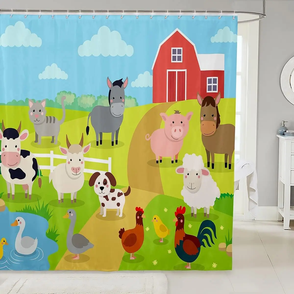 Feelyou Removable Farm Animal Theme Bath Curtain - Lightweight Waterproof Fabric, Modern Farmhouse Bathroom Shower Curtain with Pig, Dog, Cow, Goat, Duck Prints, Washable Household Textile Decoration, Removable Shower Curtain
