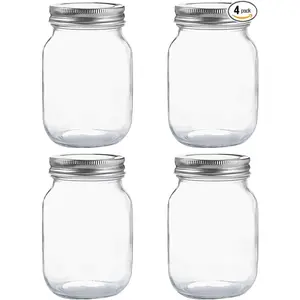 Glass Regular Mouth Mason Jars, Clear Glass Jars with Silver Metal Lids Containers Kitchen Set Utensils Airtight Organizer Canister Tin