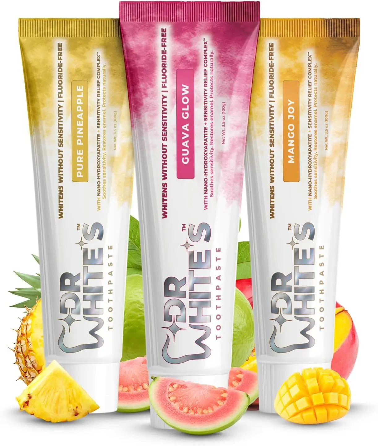Dr. White’s Signature Flavor Trio – Glow Getters | Fluoride-Free Toothpaste with Nano-Hydroxyapatite, Sensitivity Relief, Mint-Free (3-Pack)
