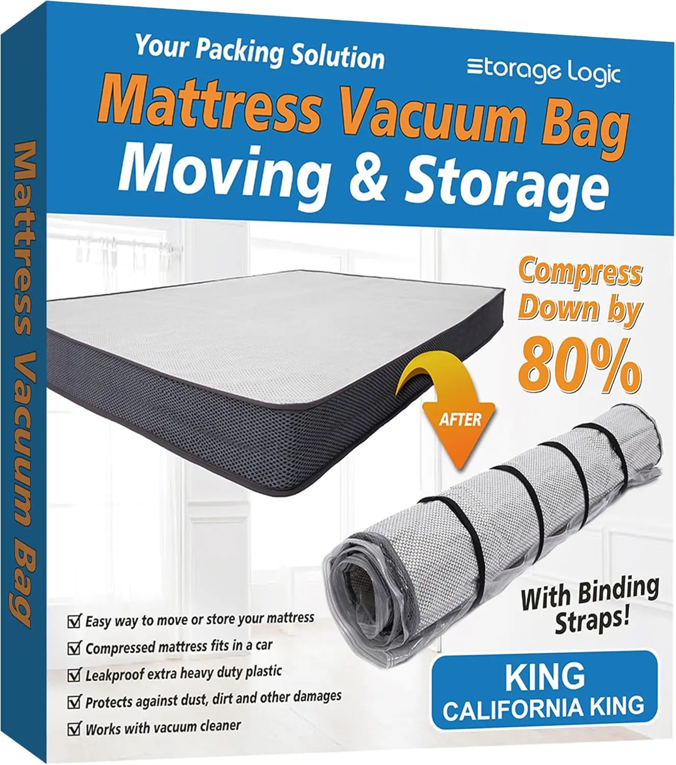 VacHeavy Duty Vacuum Mattress Bag Roll Up Compression Storage Moving w/ Straps Protect Organiser