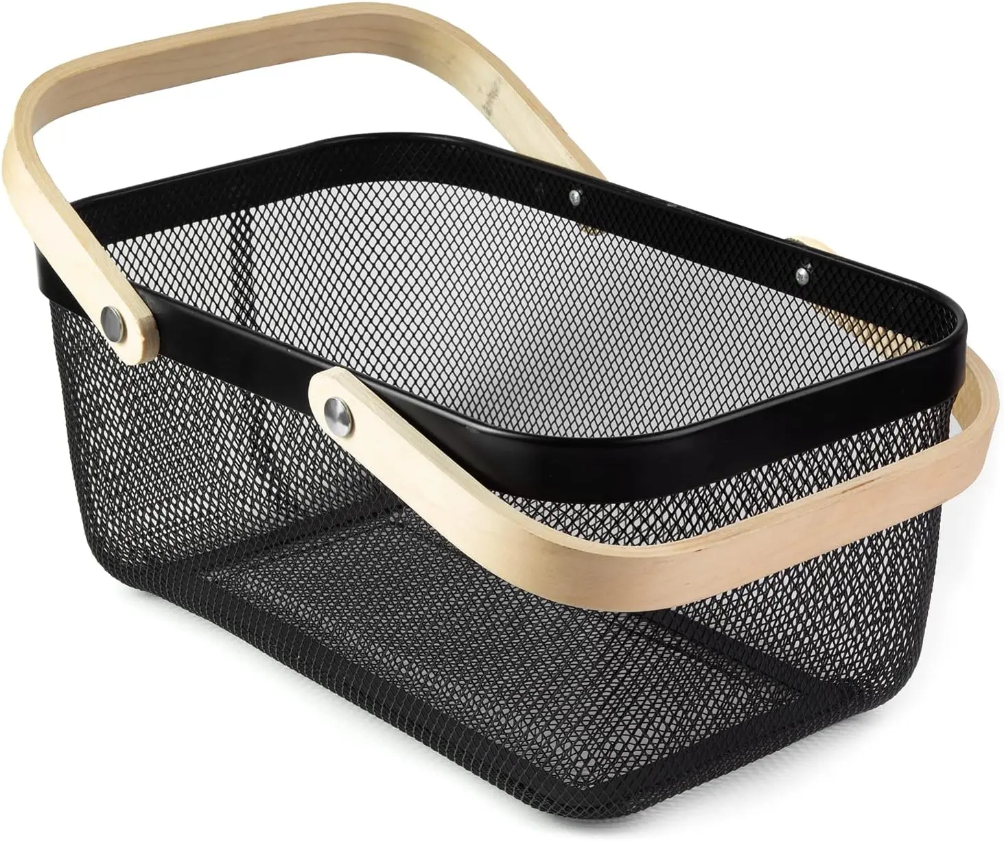 Portable Garden Harvest Basket-Mesh Design Natural Bamboo Handle Wire Storage Baskets,Mesh Basket with Handle Organize Items Reduce Space Occupation,Suitable for Kitchen,Garden,Picnic(Black)