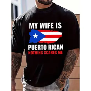 100% Cotton My Wife Is Puerto Rican Puerto Rico Heritage Roots PR Flag T-Shirt Women's Men's Graphic Tee Causal Tops Fashion
