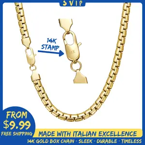 14K Gold Plated Box Cuban Chain Necklace – Unisex 14K Stamped Stainless Steel Jewelry, Classic Hip Hop Streetwear Chain for Men & Women, Durable Daily Wear Necklace or Layered Initial Pendant Gift jew lery