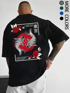 Unisex Fish & Letter Graphic Half Sleeve Round Neck Tee, Tokyo City Name Print T-shirt, Casual Soft Comfy Men's Top for All Seasons