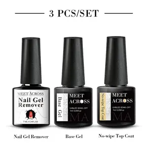 MEET ACROSS 3pcs Function Gel Nail Polish Set, Base Coat & Top Coat & Remover Gel, Low Odor Nail Art Gel, Soak Off UV LED Nail Art Design Manicure DIY at Home & Nail Salon Nail Beginner Manicure Tool Kit Nail Care, Nail Products
