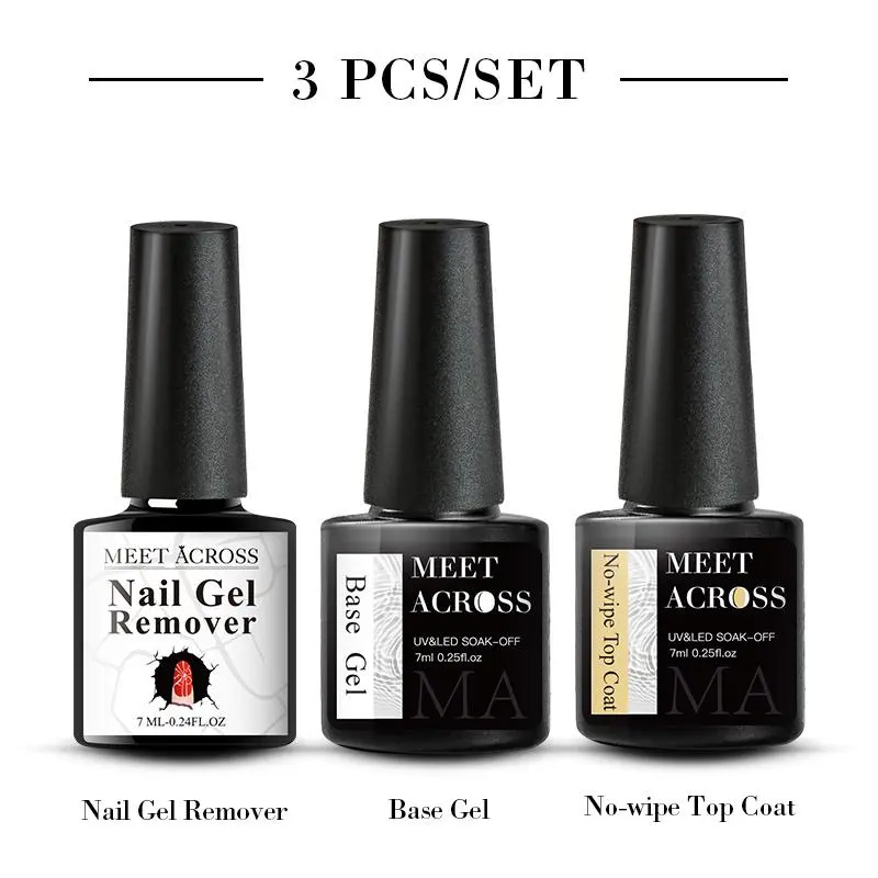 MEET ACROSS 3pcs Gel Nail Polish Set, Base Coat & Top Coat & Remover Gel, Gel Nail Supplies, Low Odor Nail Art Gel, UV Light Gel, Soak Off UV LED Nail Art Design Manicure DIY at Home & Salon Manicure Tool Kit, Nail Care, Nail Products